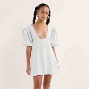 For Love & Lemons Leslie Blue Striped Puff Sleeve Mini Dress NWOT